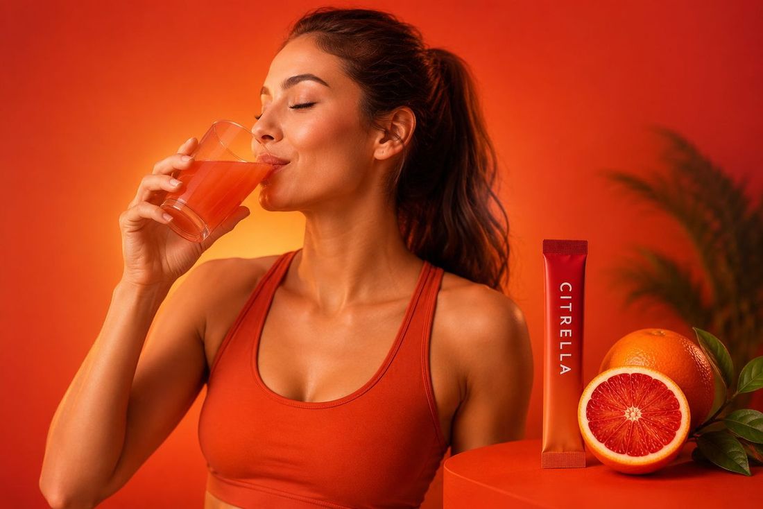 Frau trinkt ein Glas Blutorangengetränk, daneben ein Citrella Slim Stick und eine halbe Orange