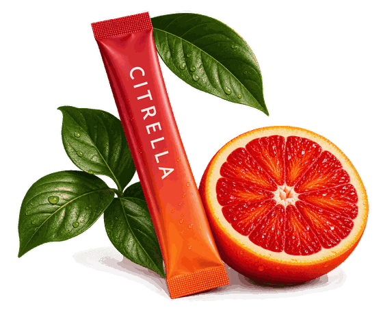 Citrella Slim Stick vor einer halben Blutorange und grünen Blättern